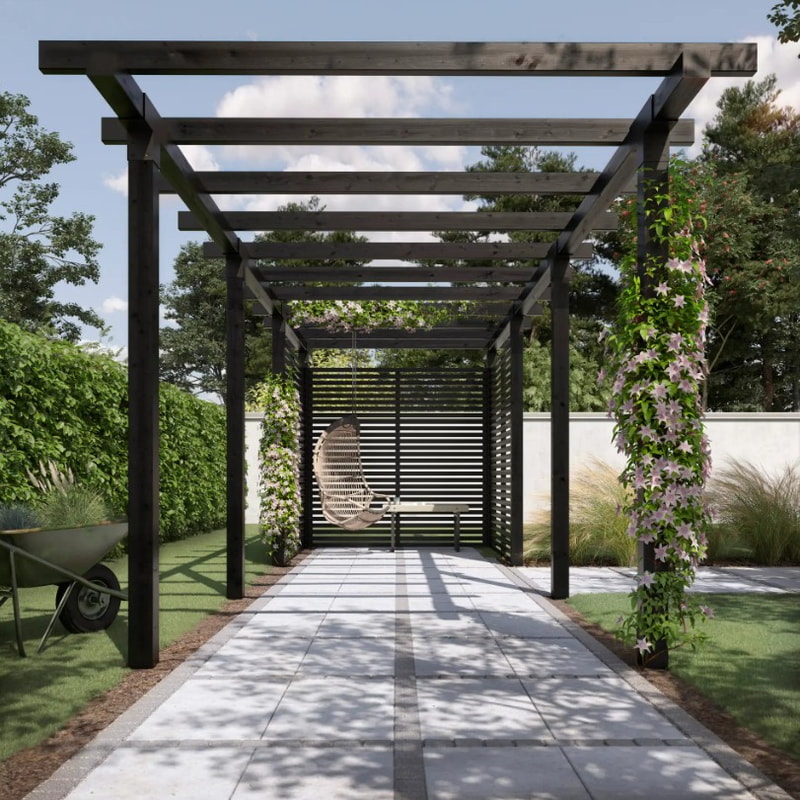 PLUS Pergola double avec clôture Tokyo, noir RAL 9005, modèle 3, L x P x H 6 640 x 2 380 x 2 170 mm