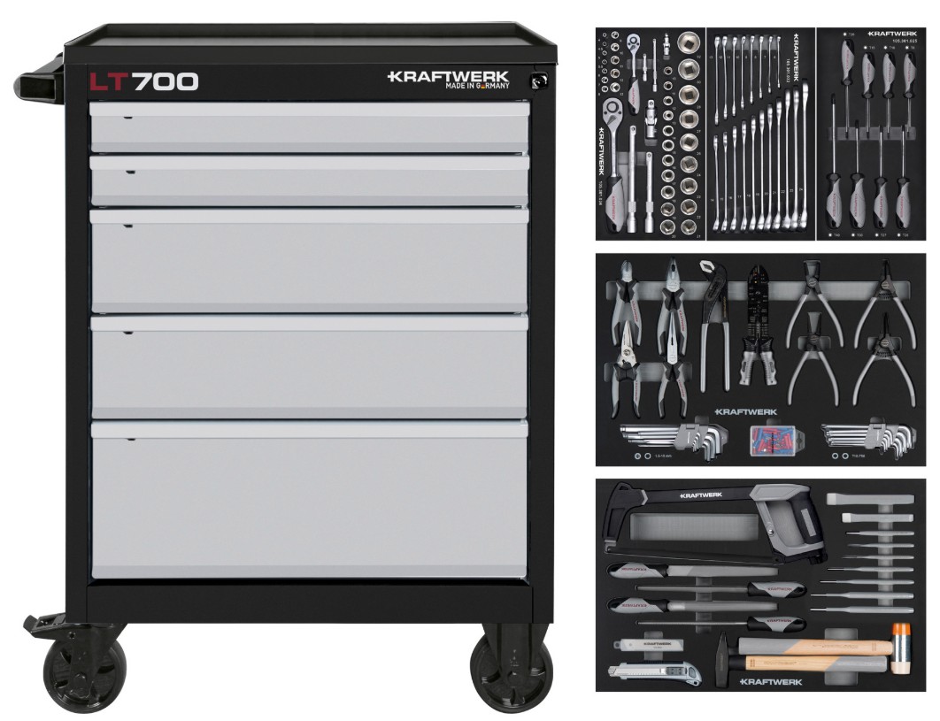 KRAFTWERK Chariot d'atelier LT700 BASIC avec 5 tiroirs, outils inclus, 173 pièces, L x P x H 719 x 474 x 1000 mm