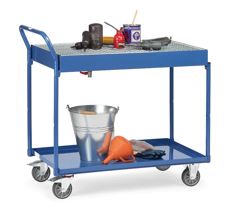 Tischwagen mit 2 öldichten Wannen und Gitterrost, Tragkraft 300 kg, 1000 x 600 mm