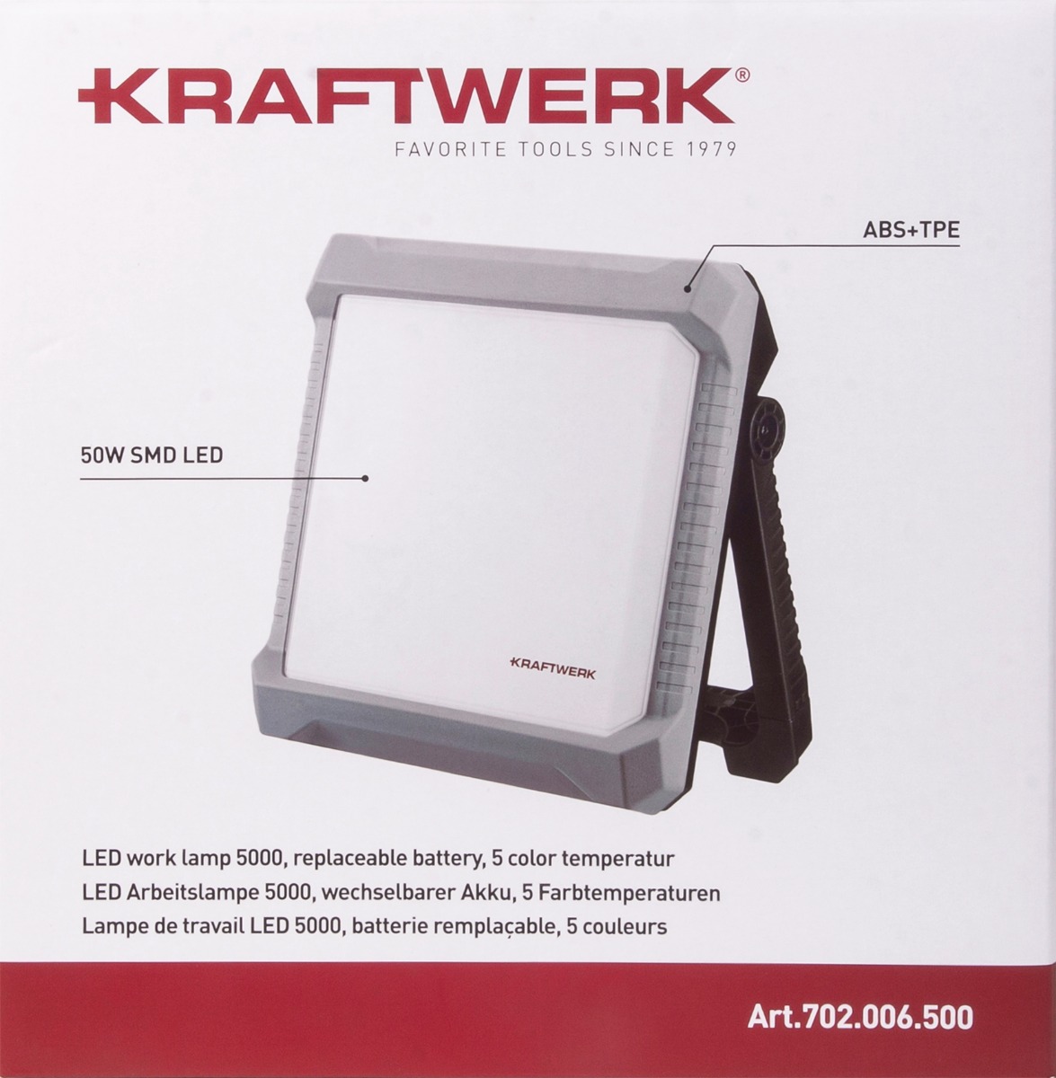 KRAFTWERK LED Arbeitslampe 5000 lm mit Akku, 5 Farbtemperaturen, IP65, kompatibel mit AMP-, Makita- und CAS-Akkus