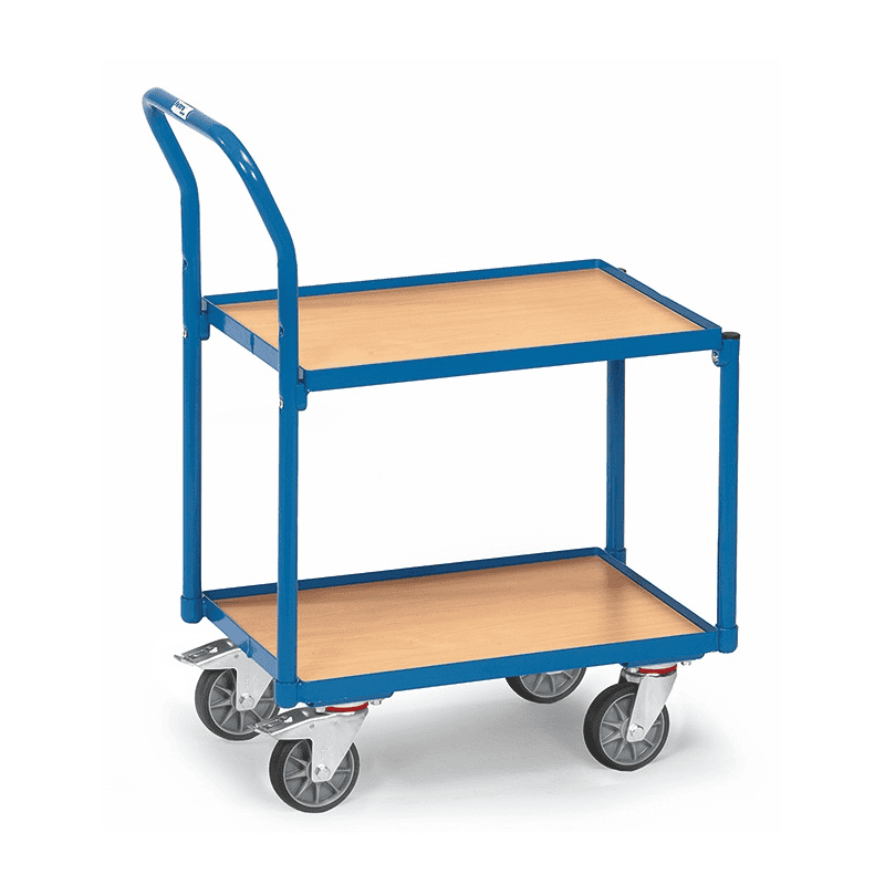 Fetra Roller à étages avec 2 étagères en bois et avec arceau de poussée tubulaire, bord de 15 mm de haut