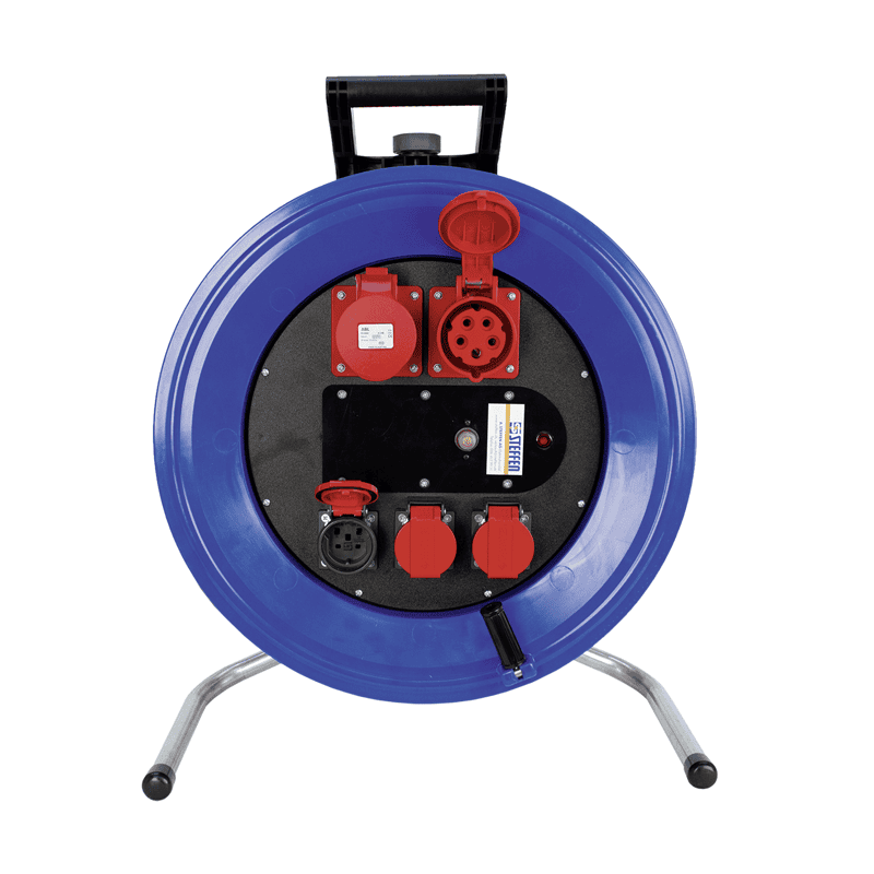 Steffen Kunststoff-Kabelrolle PROFESSIONAL, 2xCEE16/5 + 3xT25 Bauflex, 5G2.5 mm², 16 A, Thermoschutz, IP44, blau