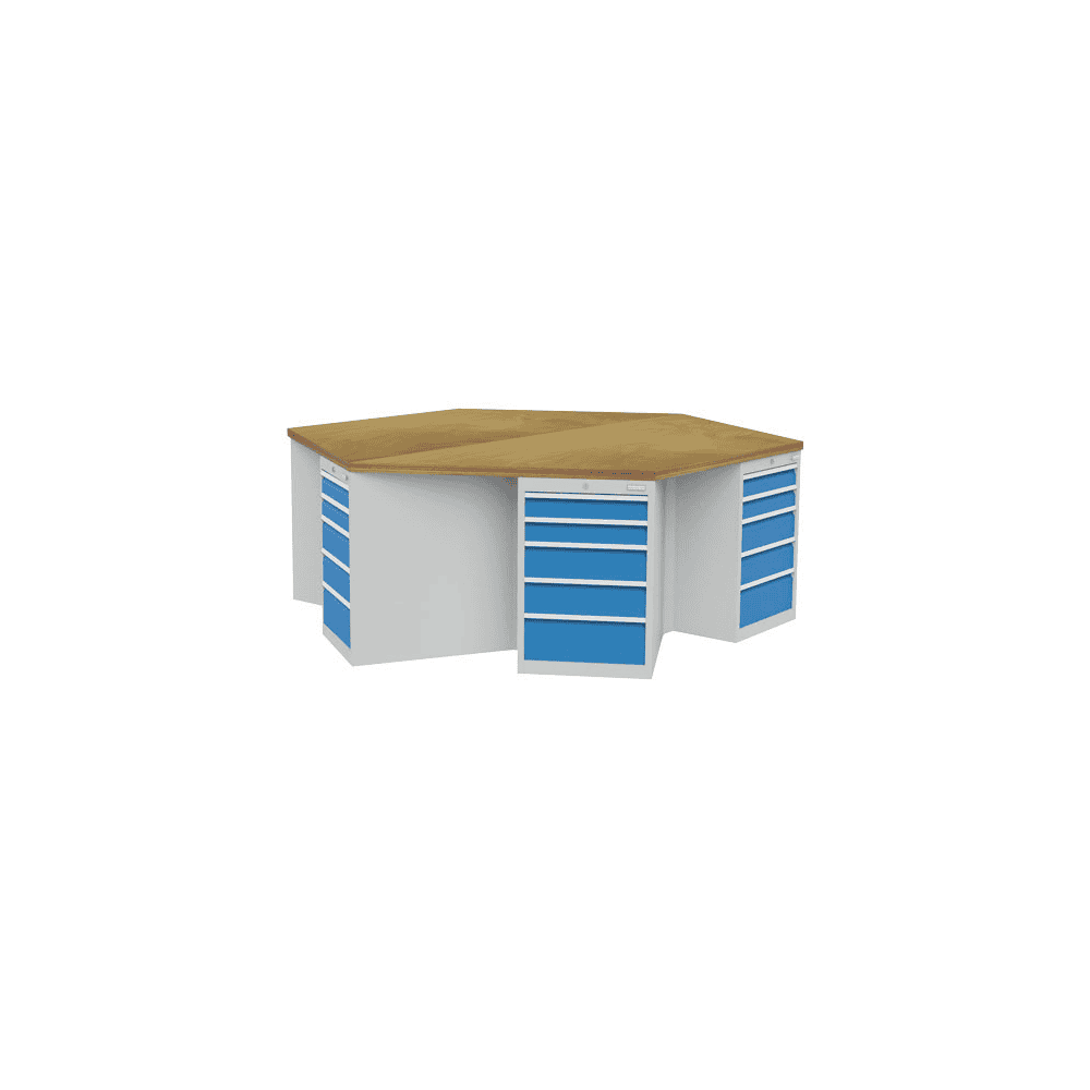 Bedrunka+Hirth 6-Eck-Werkbank, Tiefe 736 mm, R 18-24, Schubladenanzahl je Schrank 5, 2500 x 2165 x 859 mm
