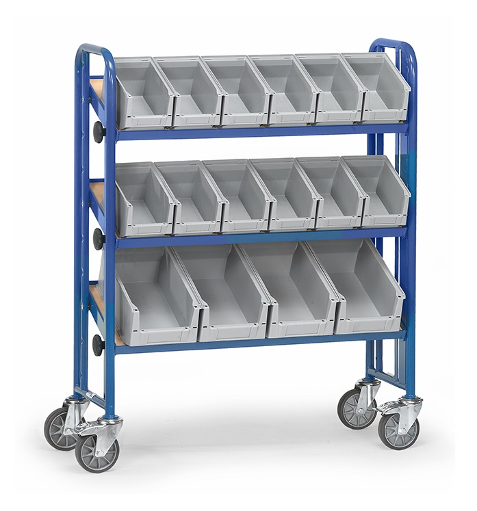 Fetra Chariot de montage avec bacs et 3 plateaux inclinables en bois, version simple face