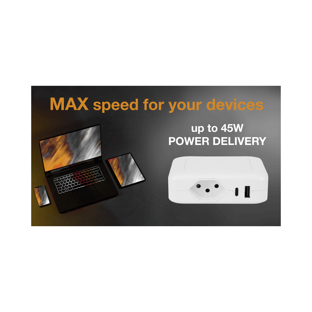 Steffen Station de recharge IQ, 1 x T13, 1 port USB-A (36 W), 1 port USB-C PD (45 W), 10 A, IP20, câble de 1.5 m, en deux couleurs