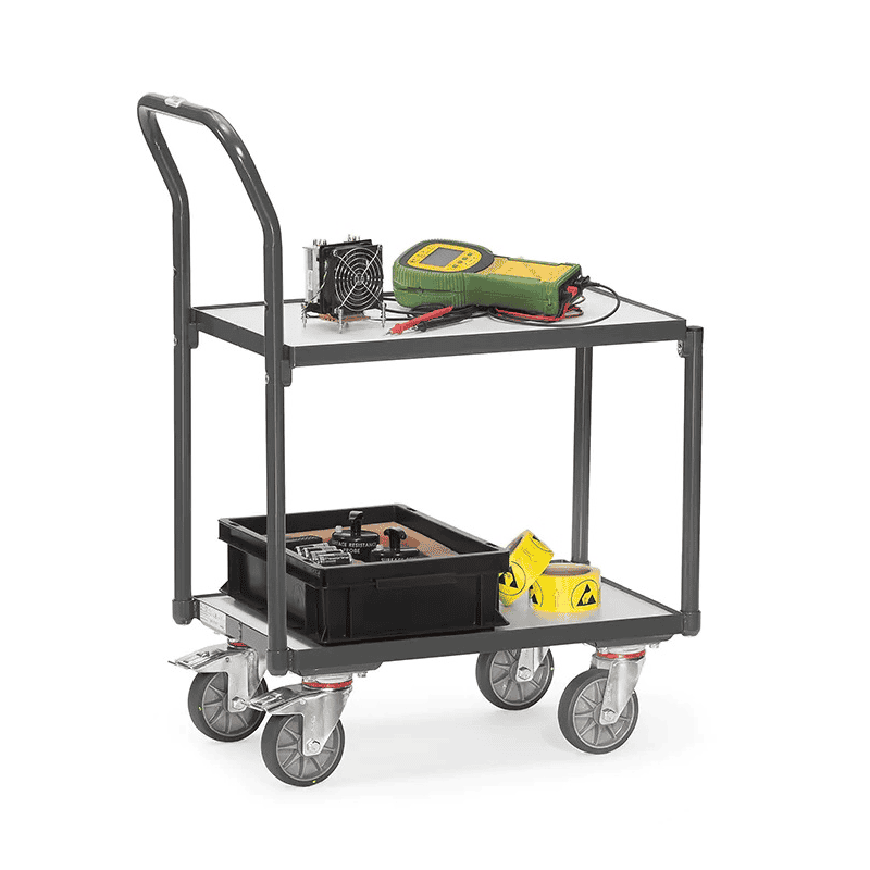 Fetra Rouleur de caisses Euro ESD avec 2 étagères et barre de poussée tubulaire, 747 x 414 x 970 mm
