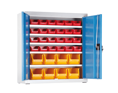Niedriger Magazinschrank mit 32 Sichtlagerkästen