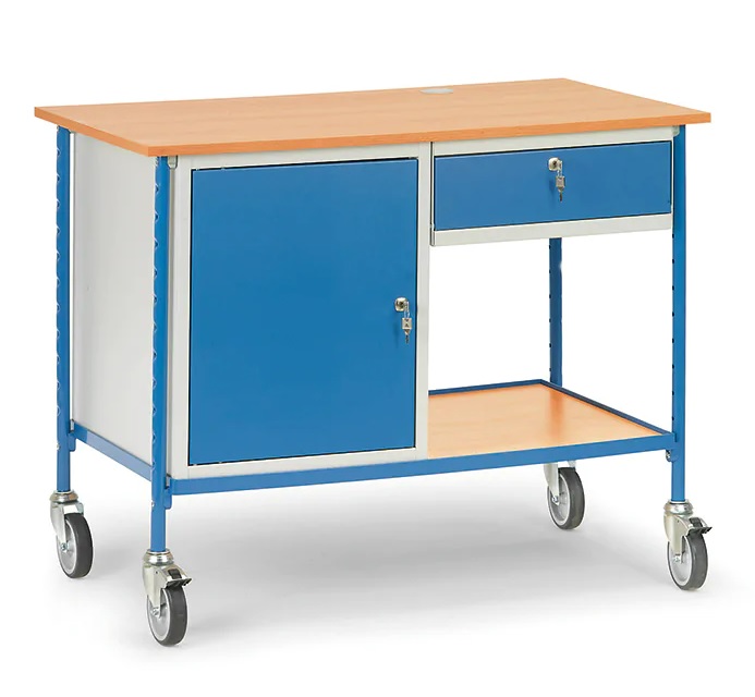 Rolltisch für Computer mit Stahlschrank und ausziehbarer Schublade