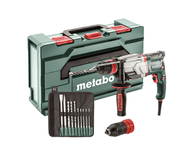 Metabo Marteau multifonctions UHE 2660-2 Quick, 800 watts, avec metaBox 145 L et jeu de forets / burins SDS-plus (10 pièces)