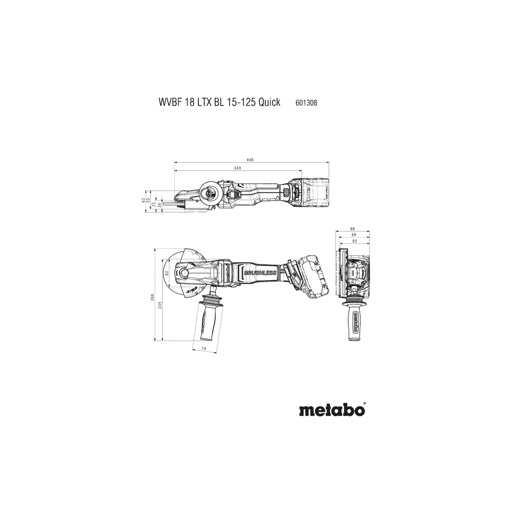 Metabo Meuleuse d'angle à tête plate à batterie WVBF 18 LTX BL 15-125 Quick, 18 V (Solo) avec metaBOX 165 L