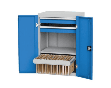 Bedrunka+Hirth d'atelier à portes battantes, R 24-16, avec 2 x tiroirs, 1 x étagère, 1 x cadre pour dossiers suspendus, 680 x 500 x 1019 mm