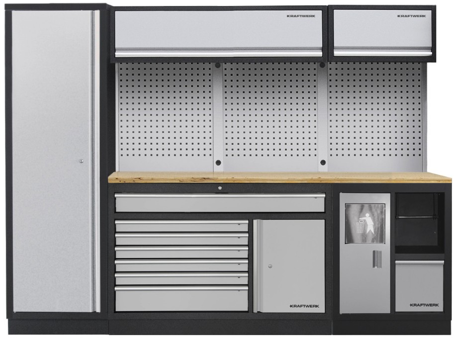 KRAFTWERK MOBILIO Combinaison d'atelier 3 éléments avec panneau perforé et plan de travail en hêtre, L x P x H 2640 x 488 x 2000 mm