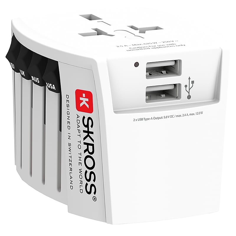 Steffen SKROSS Reiseadapter MUV World - World mit 2x USB-A, 2-polig, max. 2.5 A, mit Sicherung, weiss