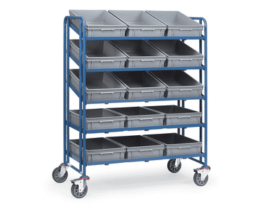 Chariot à bacs européens, 1372 x 685 x 1686 mm, capacité de charge 400 kg, avec 15 bacs en plastique 600 x 400 x 145 mm