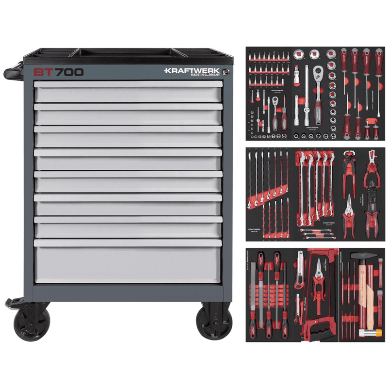 KRAFTWERK Werkstattwagen BT700 8 Schubladen mit Werkzeug, 143-tlg.