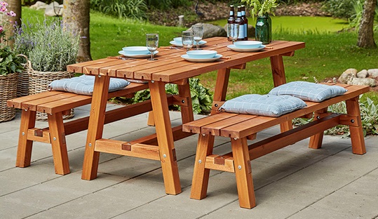 Country table et banc de jardin, trois coleurs, 1770 x 1810 x 760 / 450 mm