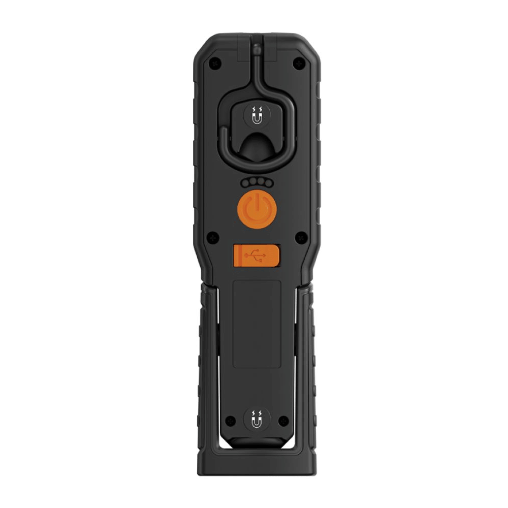 Steffen LED Akku-Handleuchte 5 W, 600 + 100 lm, 5700 K, 240° drehbar, IP54, schwarz/orange