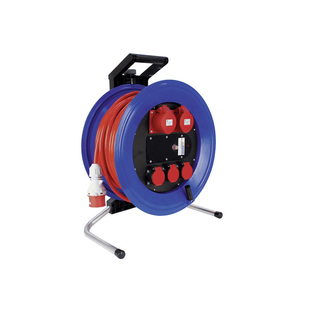 Steffen Kunststoff-Kabelrolle PROFESSIONAL, 2xCEE16/5 + 3xT25 Bauflex, 5G2.5 mm², 16 A, Thermoschutz, IP44, blau