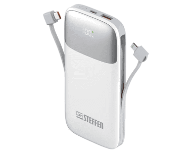 Steffen Powerbank 20 W PD3.0, 10'000 mAh, USB-C/USB-A, integrierte Ladekabel, weiss