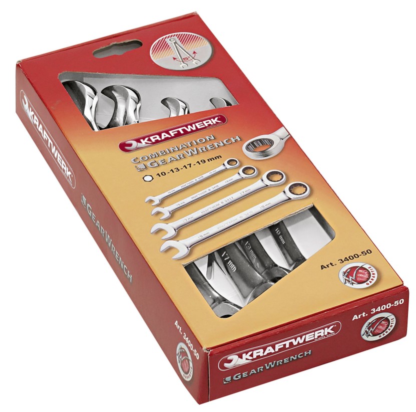 KRAFTWERK Clickraft GearWrench Satz 10–13–17–19 mm aus Chrom-Vanadium, 4-teilig, 72-Zahn-Ratschenmechanismus