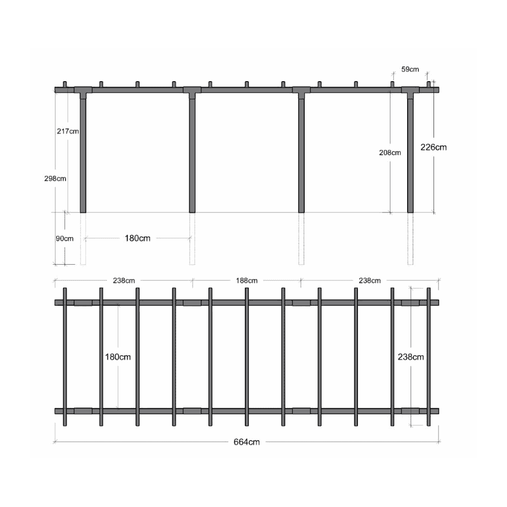 PLUS Doppelpergola, Schwarz RAL 9005, Modell 3, BxTxH 6640 x 2380 x 2260 mm