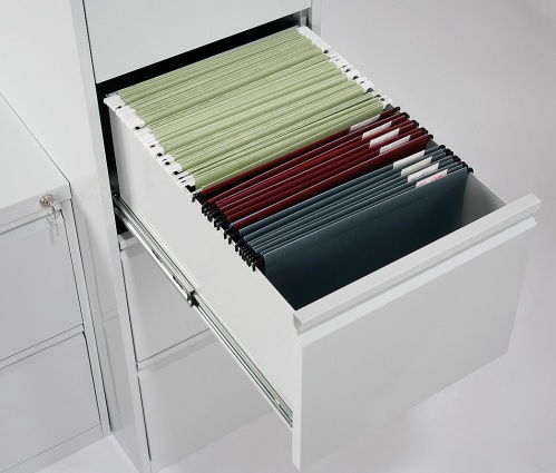 Armoire pour dossiers suspendus DIN A4 - verrouillable - avec plusieurs tiroirs, RAL 7035