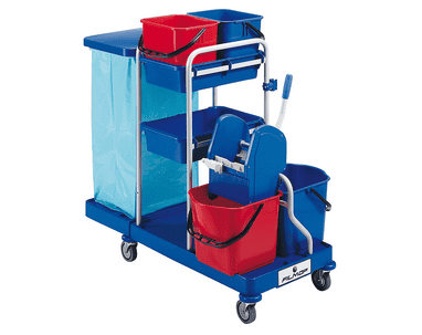 Chariot de nettoyage et de service à usage professionnel avec support pour un sac poubelle et 4 seaux