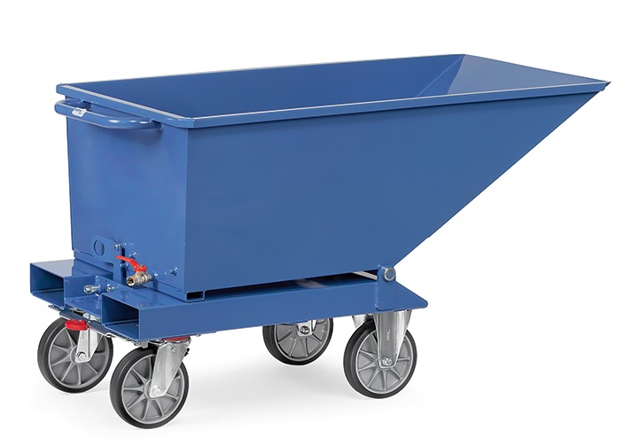 Fetra Benne avec robinet de vidange 250 litres, capacité de charge 750 kg, revêtement époxy bleu RAL 5007