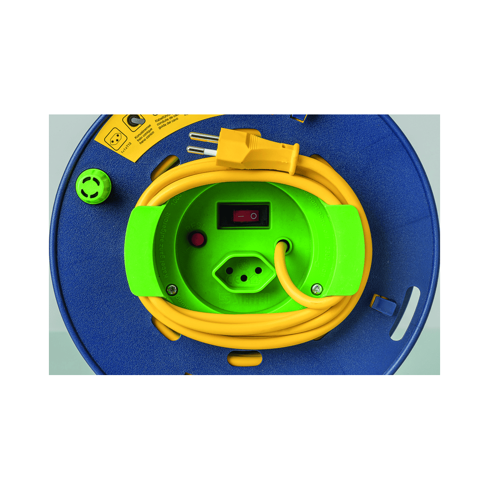 Steffen Kunststoff-Gerätekabelrolle LOOP, 1 + 1 x T13, Td 3×1 mm², Thermoschutz, IP20, blau/grün, Kabellänge 40 m