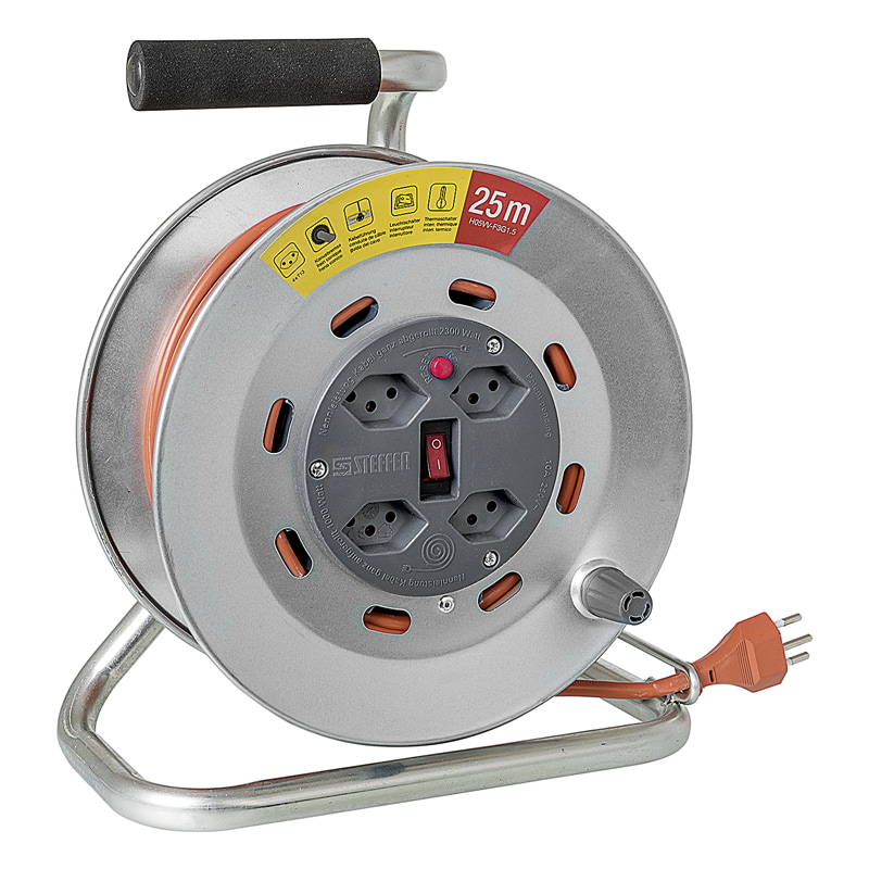 Steffen Metall-Kabelrolle LOOP, 4 x T13, Td 3×1.5 mm², Thermoschutz, IP20, silber/grau, Kabellänge 25 m