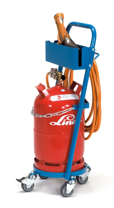 Fetra Stahlflaschenroller für 1 Gasflasche 11 kg Inhalt mit Schlauch- und Pistolenhalterung