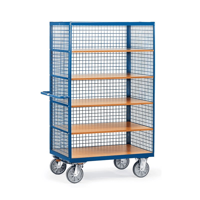 Fetra Kastenwagen verkleidet mit Drahtgitter, 1 Längsseite offen, Tragkraft pro Einlegeboden 90 kg