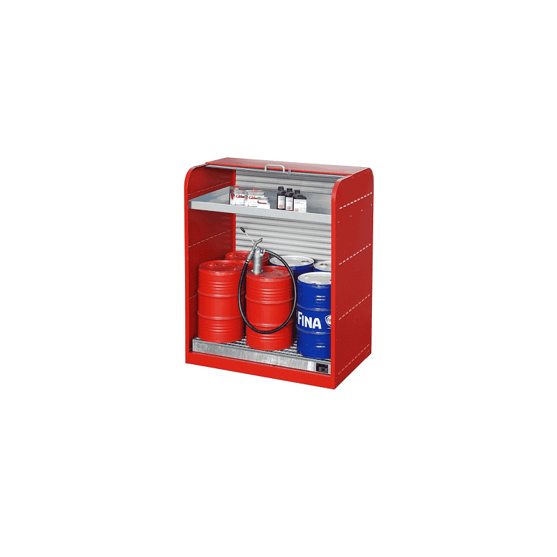 Gefahrstoff-Rollladenschrank TYP RSG - 6x 60 Liter Fässer und Kleingebindewanne - rote Farbe