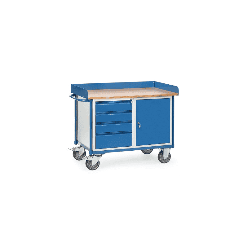Fetra Werkstattwagen mit Arbeitsplatten, Tragkraft 400 kg, 1 Schrank und 4 Schubladen, 1220 x 650 x 960 mm