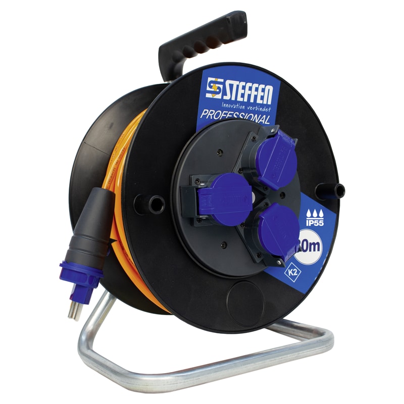 Steffen Kunststoff-Kabelrolle PROFESSIONAL, 3 Steckdosen, PUR 3×1.5 mm², Thermoschutz, IP55, schwarz, 30 m, div. Ausführungen