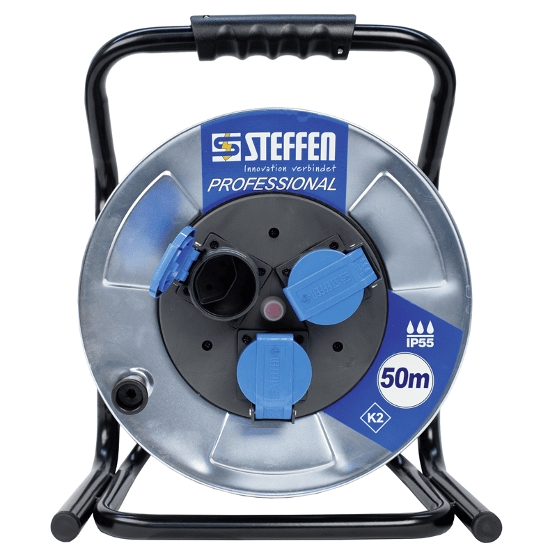 Steffen Metall-Kabelrolle PROFESSIONAL, 3 x T13, PUR, 10 A, Thermoschutz, IP55, silber, diverse Ausführungen
