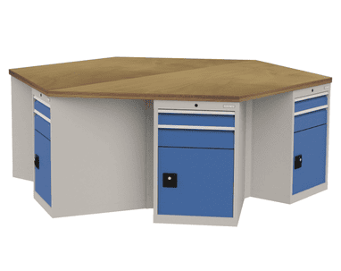 Bedrunka+Hirth 6-Eck-Werkbank mit 6 x Schubladenschränke je 2 Schubladen, 1 Flügeltüre, BxTxH 2500 x 2165 x 859 mm