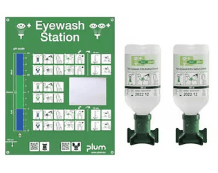 Station de rinçage oculaire Plum 4694, station murale avec 2 × 500 ml de solution de rinçage oculaire, durée de conservation 3 ans