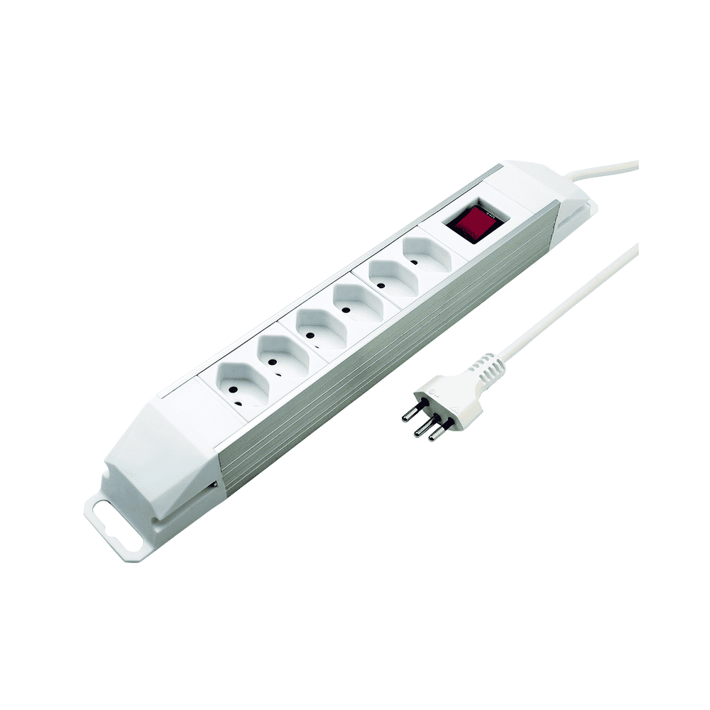 Steffen Steckdosenleiste POWER XTRA, 6 x T13 Steckdosen mit Schalter, 10 A, IP20, 2 m Kabel, aluminium/weiss