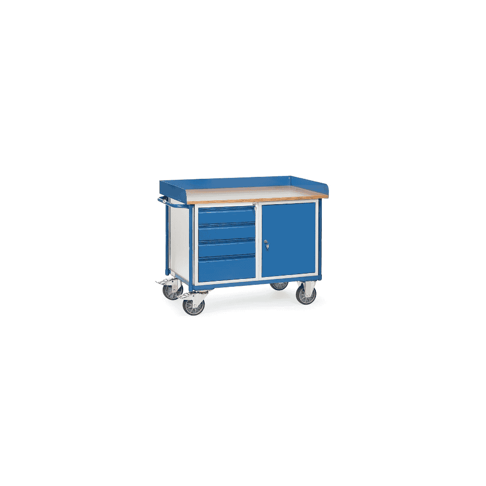 Fetra Werkstattwagen mit Arbeitsplatten, Tragkraft 400 kg, 1 Schrank und 4 Schubladen, 1220 x 650 x 960 mm