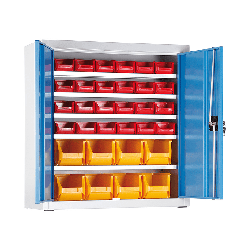 Niedriger Magazinschrank mit 32 Sichtlagerkästen