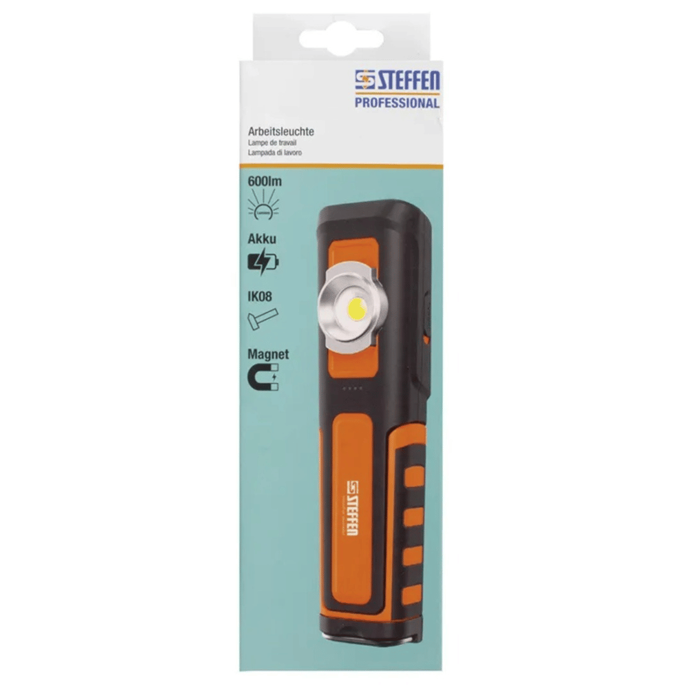 Steffen LED Akku-Arbeitsleuchte 6 W, 600 + 100 lm, 5700 K, 240° drehbar, IP65, schwarz/orange