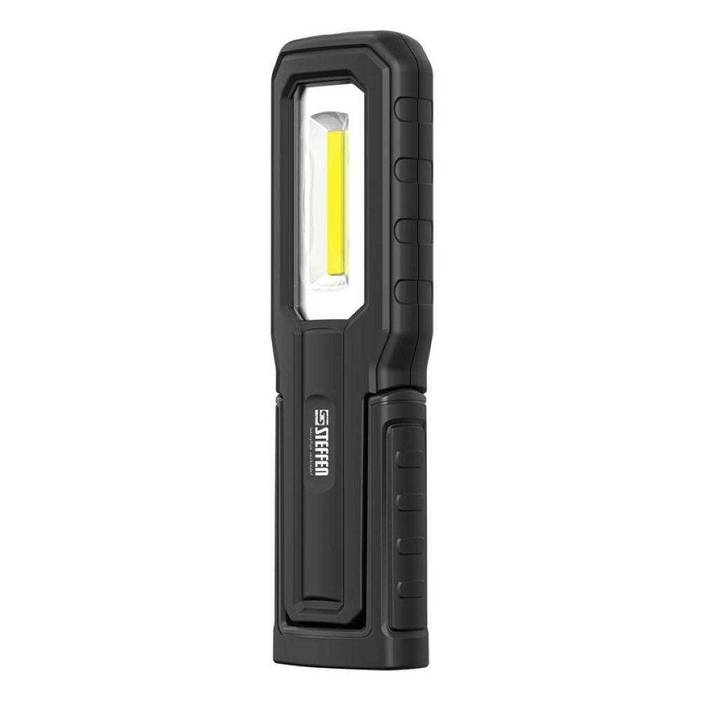Steffen LED Akku-Handleuchte 5 W, 600 + 100 lm, 5700 K, 240° drehbar, IP54, schwarz/orange