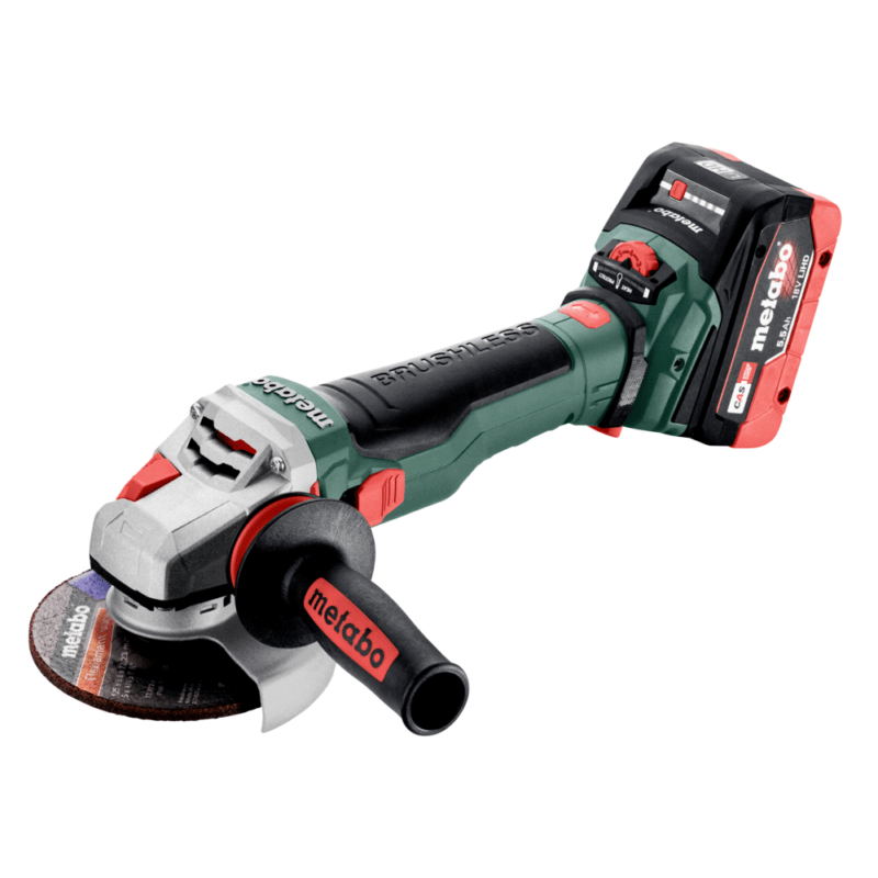 Metabo Akku-Winkelschleifer WVB 18 LTX BL 15-125 Quick, 18 V, mit 2 x 5.5 Ah LiHD Akkus, Schnellladegerät ASC 145 und metaBOX 165 L