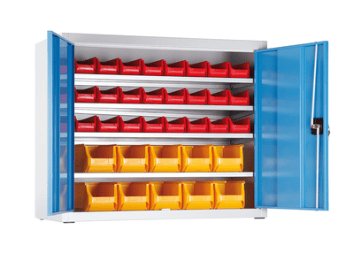 Niedriger Magazinschrank mit 34 Sichtlagerkästen