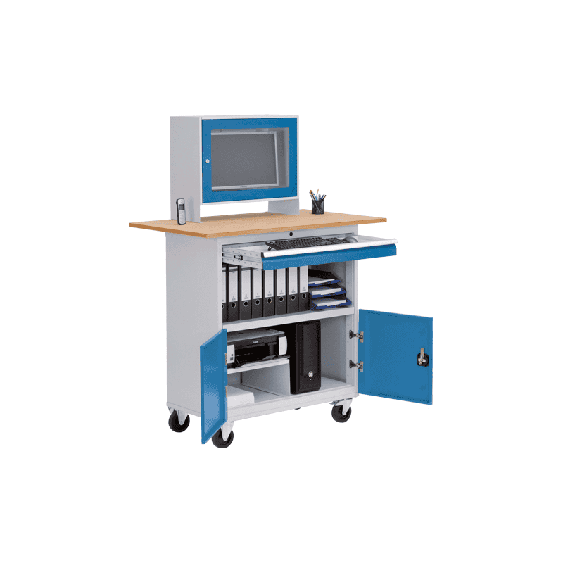 Bedrunka+Hirth Mobiler Computerschrank mit Monitoraufsatzgehäuse für 24" Monitor und Arbeitsplatte, 1200 x 700 x 1796 mm