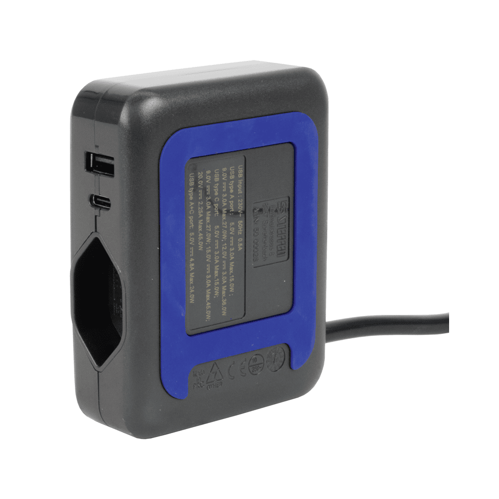 Steffen Station de recharge IQ, 1 x T13, 1 port USB-A (36 W), 1 port USB-C PD (45 W), 10 A, IP20, câble de 1.5 m, en deux couleurs