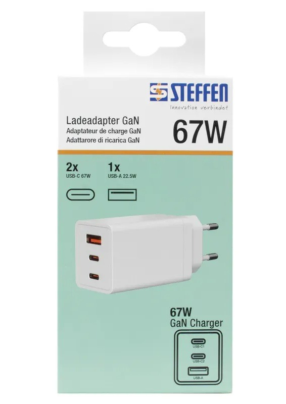 Steffen GaN Ladeadapter 67 W PD, 1 × USB-A + 2 × USB-C, weiss
