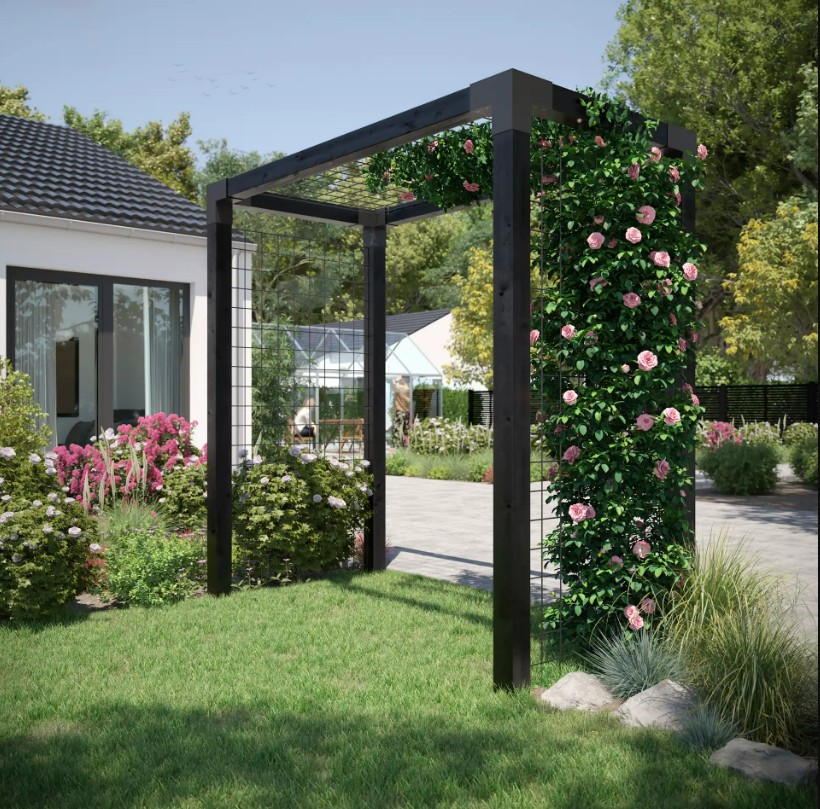 PLUS Arche à roses avec treillis, noir RAL 9005, L x L x H 1980 x 1080 x 2080 mm