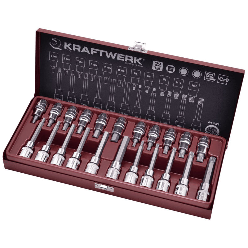 KRAFTWERK Innensechskant- und XZN-Vielzahn-Bit-Steckschlüssel-Satz 1/2", 22-teilig